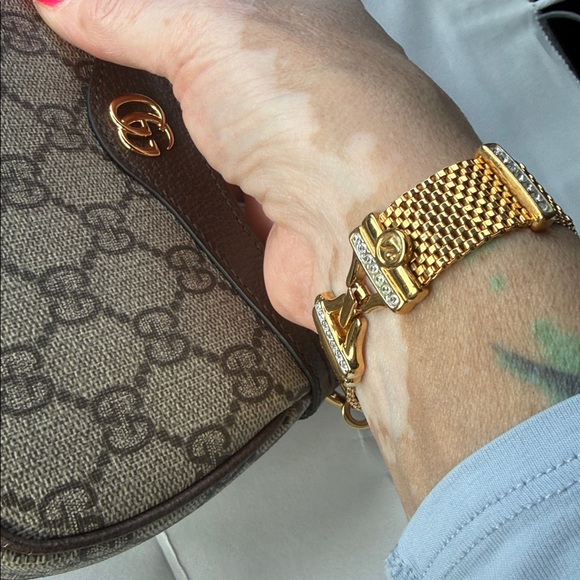 Swarovski gold metal mesh bracelet, white pave crystals, 7"L, Swan Mark - Picture 10 of 10